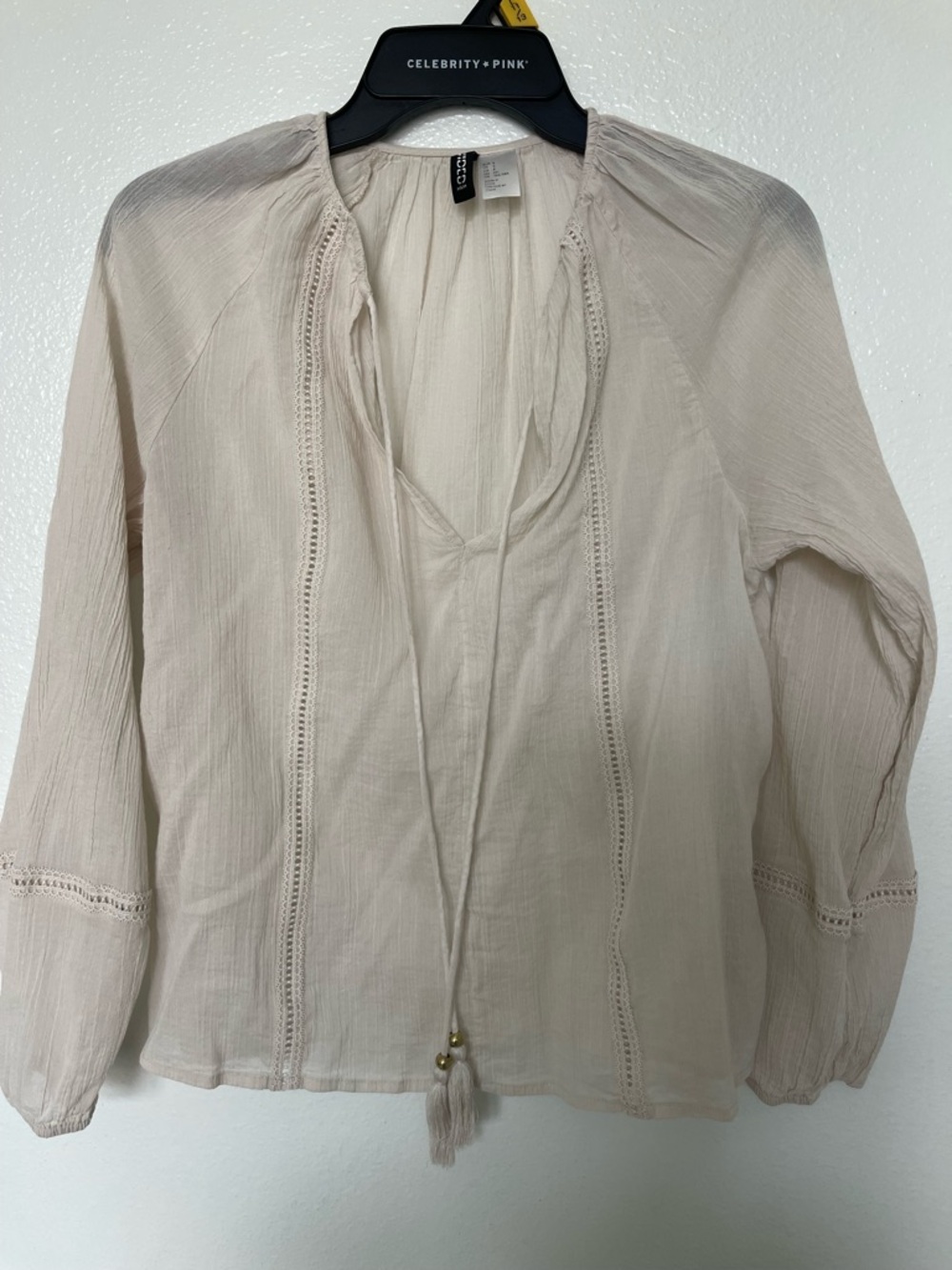 H&M Cream Peasant Blouse with Tassel Tie